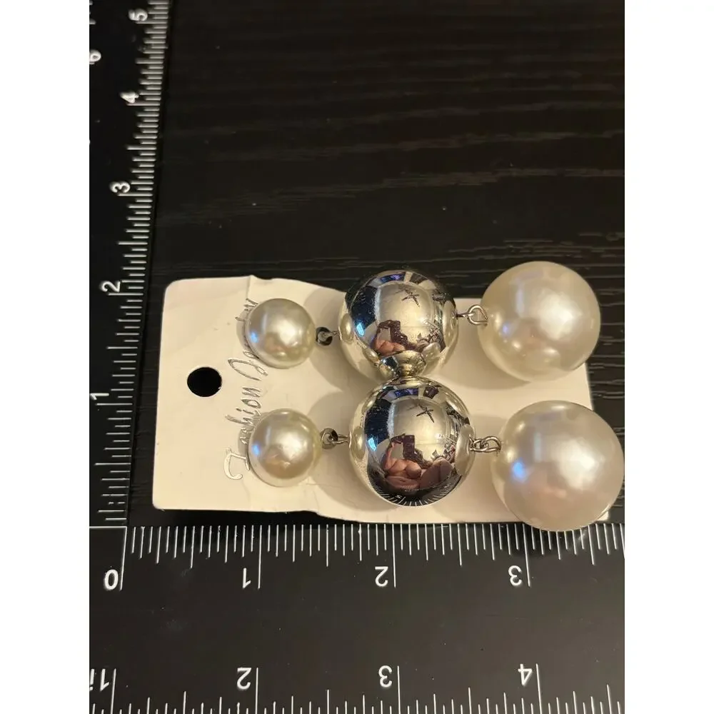 Chunky Pearl & Silver Ball Drop Earrings, Statement Studs